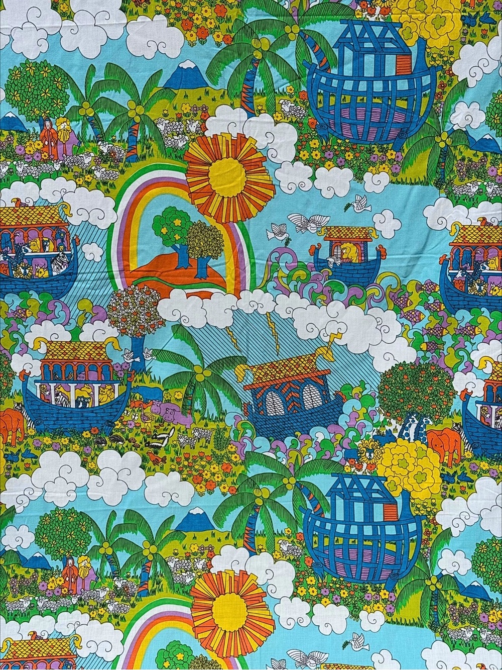 60s 70s Sears Noah’s Ark Full Flat Sheet | Psychedelic Rainbow & Animal Bedding